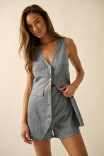 Load image into Gallery viewer, Floral-Print Denim Sleeveless Vest Romper