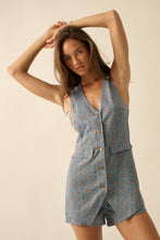 Load image into Gallery viewer, Floral-Print Denim Sleeveless Vest Romper

