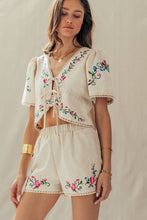 Load image into Gallery viewer, Embroidered Tie-Front Boho Crop Top
