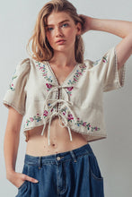 Load image into Gallery viewer, Embroidered Tie-Front Boho Crop Top
