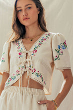 Load image into Gallery viewer, Embroidered Tie-Front Boho Crop Top
