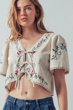 Load image into Gallery viewer, Embroidered Tie-Front Boho Crop Top
