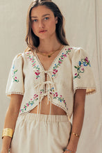 Load image into Gallery viewer, Embroidered Tie-Front Boho Crop Top
