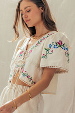 Load image into Gallery viewer, Embroidered Tie-Front Boho Crop Top
