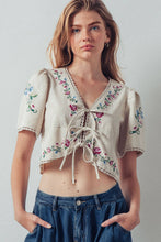Load image into Gallery viewer, Embroidered Tie-Front Boho Crop Top

