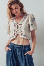 Load image into Gallery viewer, Embroidered Tie-Front Boho Crop Top
